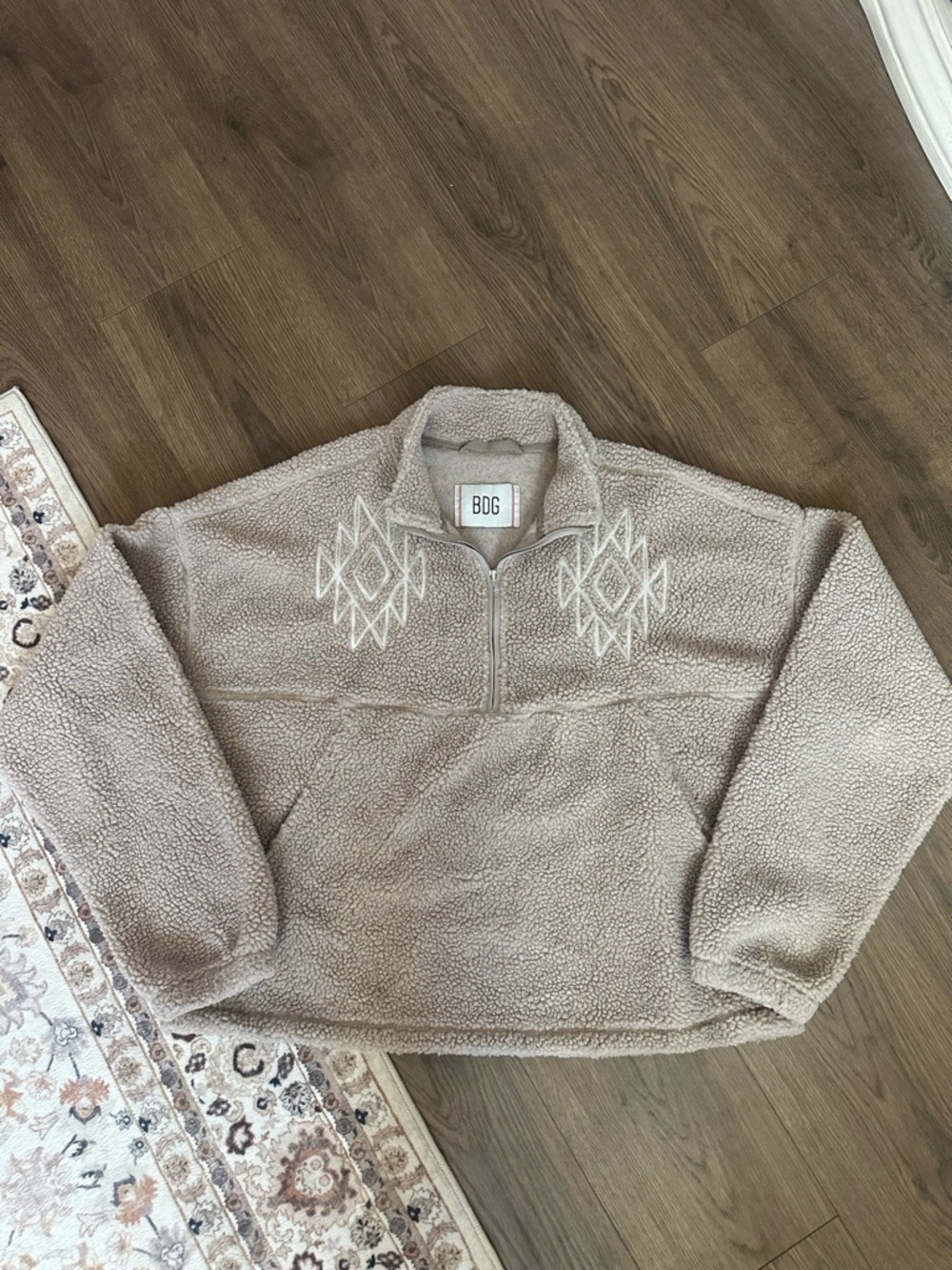 BDG Scotty Chainstitch Teddy Jacket with White Geometric Embroidery